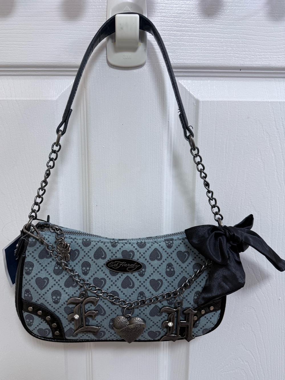 NWT Ed Hardy Blue Heart & Skull Print Chain Shoulder Bag with Bow